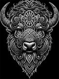 Celtic Tribal Bison on black vneck