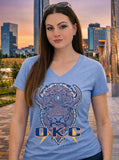 OKC on blue v-neck.
